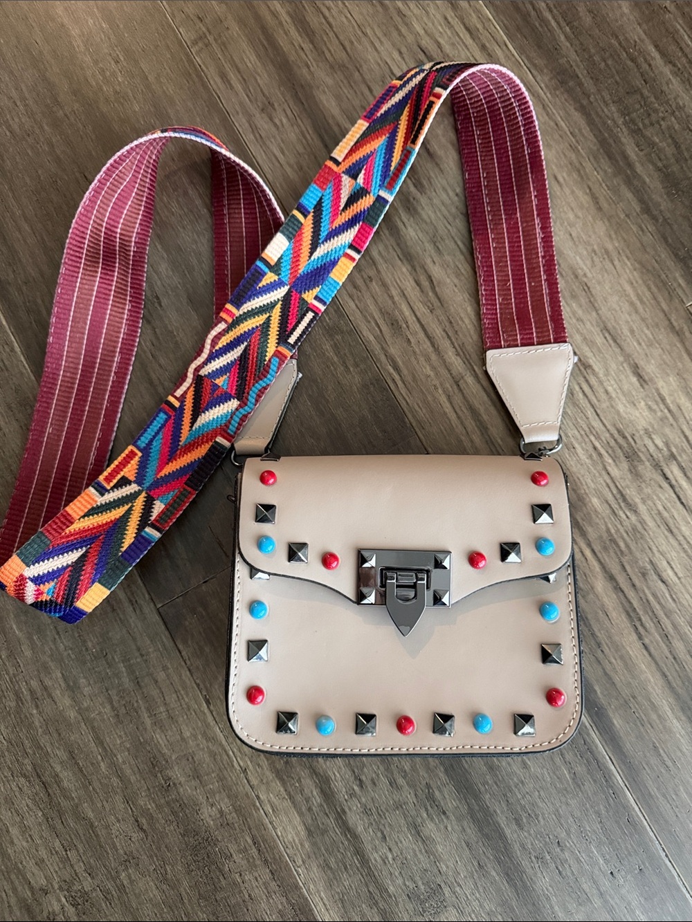 Neutral Studded Crossbody Bag with Multicolor Strap